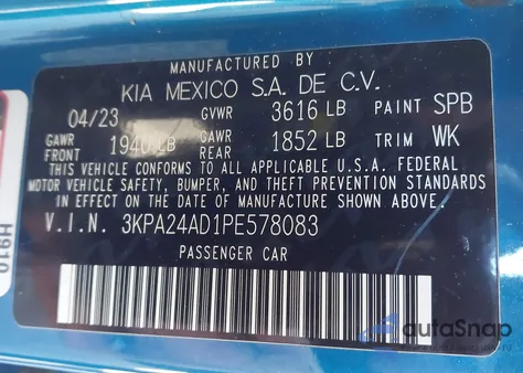 2023 Kia Rio S из США, поврежденный, VIN 3KPA24AD1PE578083